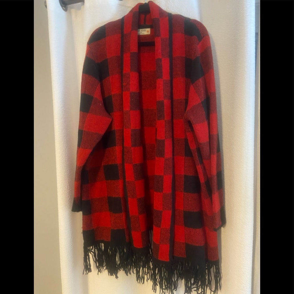 Ruff Hewn 3x Buffalo plaid sweater with fringe